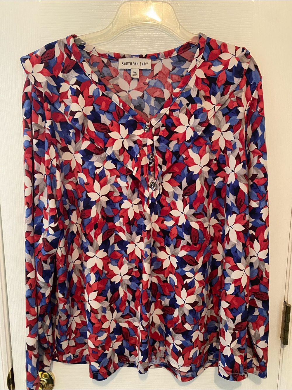 Southern Lady Red Blue White Floral Button-Front Blouse